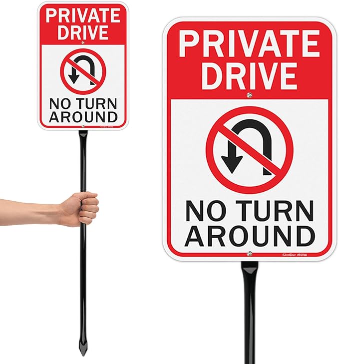 GicnKeuz Private Driveway No Turn Around Signs with 36" Heavy Duty Metal Stakes, 14"x10" .040 Aluminum Reflective Signs, Fade Resistant/Waterproof, Including Screws, Easy to Install, Outdoor Use (1 Pack)