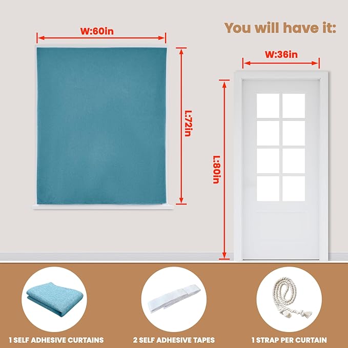 100% Blackout Curtain,Adhesive Curtain,Black Out Window Cover No Drilling Travel Kit,Perfect for Media Rooms, Dormitories and Renters (Stone Blue - W60 × L72 in)