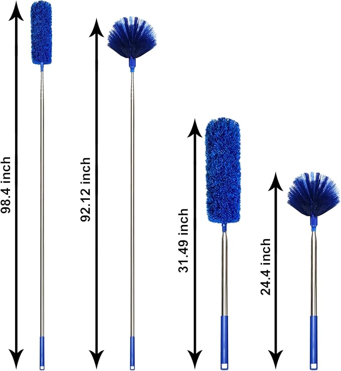 Cobweb Dusters with Extension Pole 100-inch, Spider Web Brush & Ceiling Cleaning Kit, Washable Cleaning Duster Kit with 2 Duster Heads, Cobweb Duster, Corner Brush for Ceiling Fan, Furniture, Home