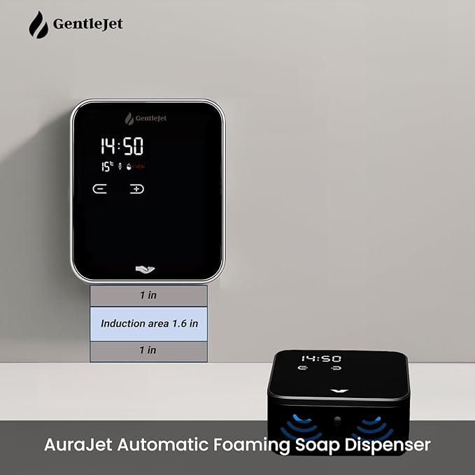 AuraJet Automatic Foaming Soap Dispenser, LED Display, Aluminum Alloy Body, 5 Foam Levels Adjustable, USB-C or Battery Powered, 16.2 oz Automatic Soap Dispenser Touchless Wall Mount