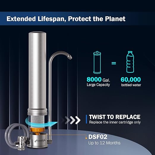 Frizzlife SS99 Countertop Water Filter System, NSF 42&372 Certified 6-Stage Stainless Steel Water Filter for Sink Faucet Reduces 99.99% Lead, Chlorine, Heavy Metals, 8000 Gallons (1 Filter)