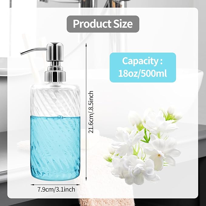 18 Oz Ribbed Glass Soap Dispenser with Stainless Steel Pump, Refillable Liquid Soap Bottle for Bathroom, Kitchen, Hand Soap, Dish Soap, or Lotion