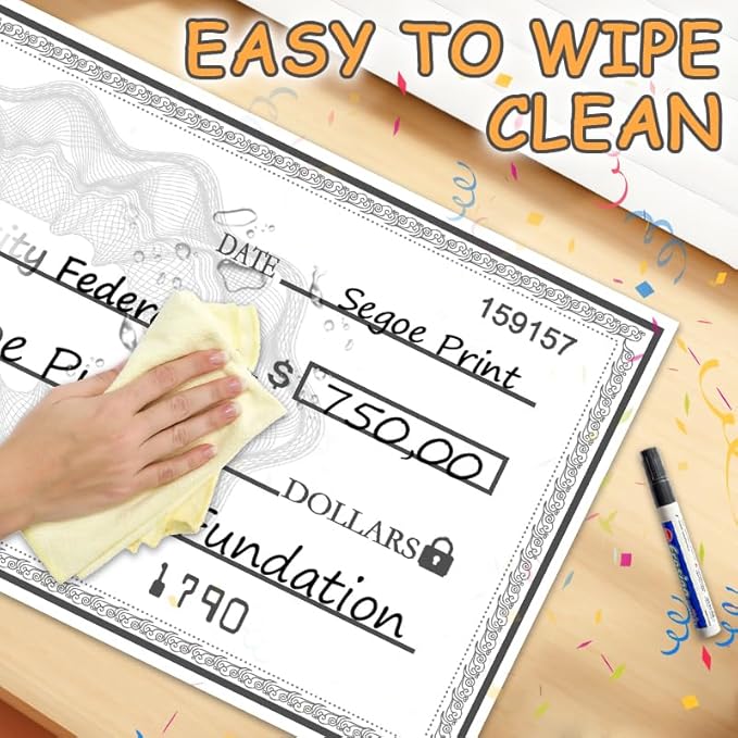 40x16 Inch Double-Sided Reusable Presentation Check | Waterproof Dry Erase Sign for Charity Donations & Fundraisers| Big Checks for Presentations