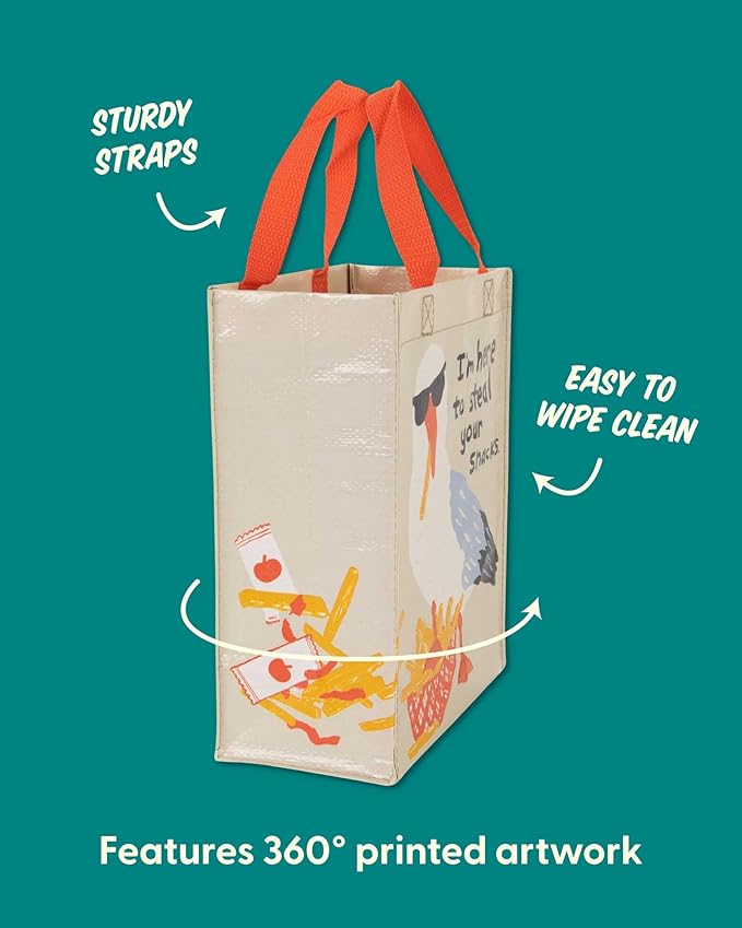 Blue Q Handy Tote - I'm Here to Steal Your Snacks. Reusable lunch sack, little gift bag, sneaky seagull design, sturdy and easy-to-wipe-clean, made from 95% recycled material, 10" h x 8.5" w x 4.5" d