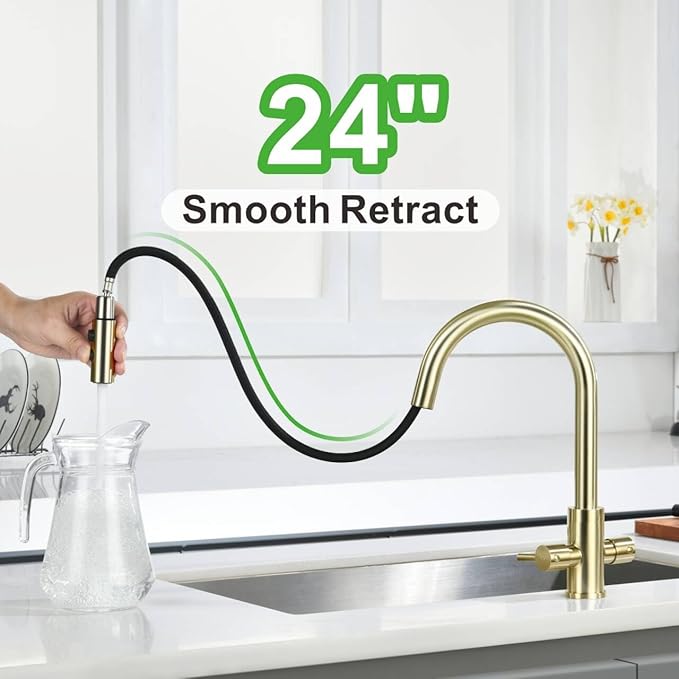 Kitchen Sink Faucet, 2 Handles Pull Down with Sprayer, Brushed Gold, PB1056
