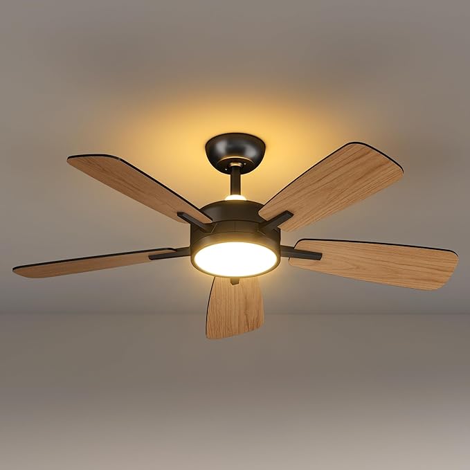 ocioc 46 Inch Ceiling Fans with Lights, Large Air Volume Ceiling Fan with Night Light, Ultra Quiet Reversible DC Motor Dimmable with Remote（Black）