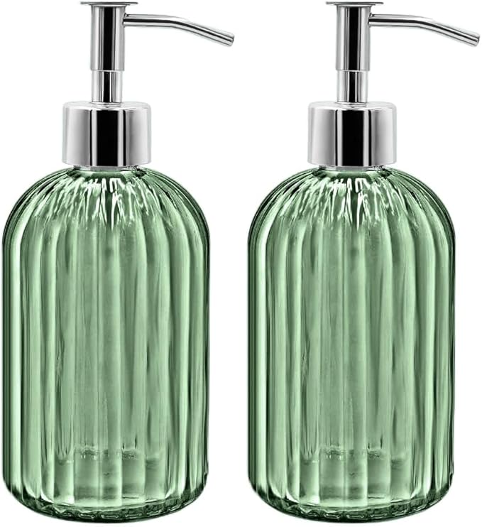 2 Pack Glass Soap Dispenser Bottle with Pump, 14 Oz Refillable Liquid Hand Jar Dispenser for Bathroom, Countertop, Kitchen, Laundry Room (Light Green)