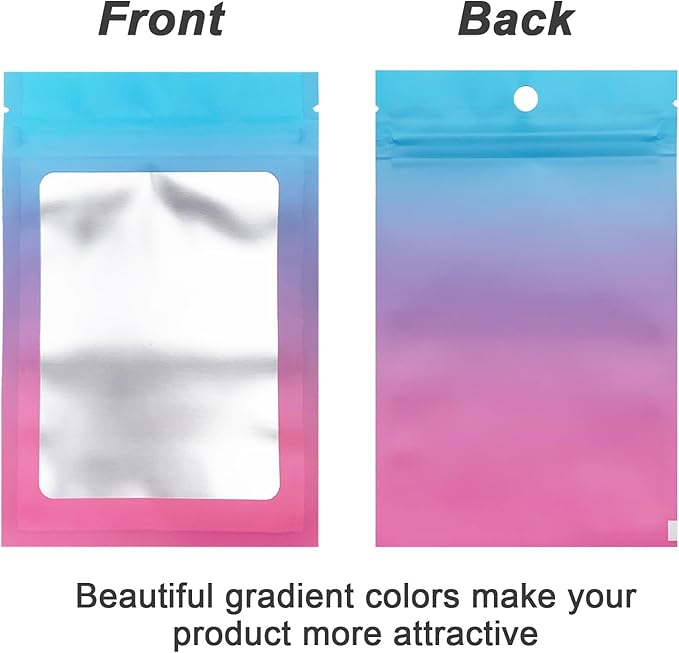 300 Pcs Gradient Mylar Bags, 3 Size Smell Proof Bags with Clear Window Foil Pouch Bags Resealable Bags for Small Business and Food Storage, Blue Pink