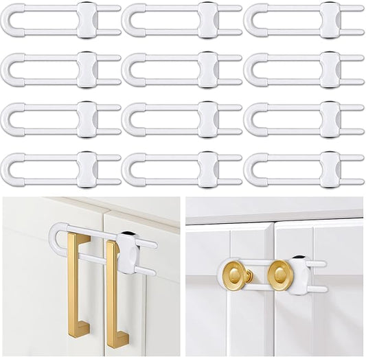 12 Packs Baby Proofing Sliding Cabinet Locks modacraft U-Shaped Child Safety Latches Adjustable White Locks for Handles Knobs Drawers Closet Cupboard