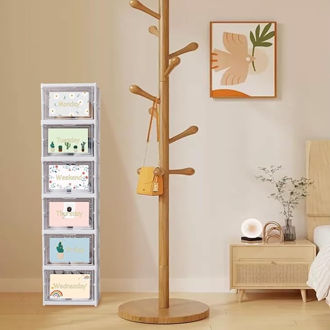 GRETJOB Weekly Clothes Organizer for Kids with Doors - 6-Tier Hanging Closet Shelves, Foldable Storage Cubby for Boys Girls, Durable Plastic Wardrobe Cabinet, Monday Through Friday Sorter