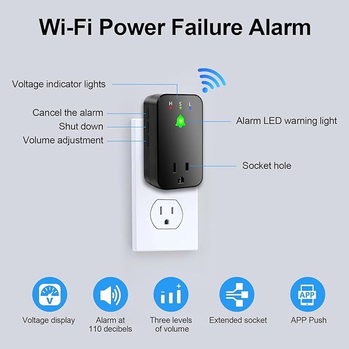 Power Failure Alarm WiFi, 110dB Loud Freezer Smart Power Outage Alarm with LED Indicator, 3 Volume Levels & Voltage Detection, Socket Expansion, App Alerts, for Refrigerator, Sump Pump, Aquarium