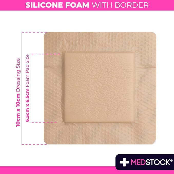 MEDSTOCK Silicone Foam Dressing with Border, 4"x4" (Pack of 10), Wound Care, Super Absorbent, Atraumatic Removal, Five Layers, Waterproof, Seals Wound Edges, No Adhesion Loss