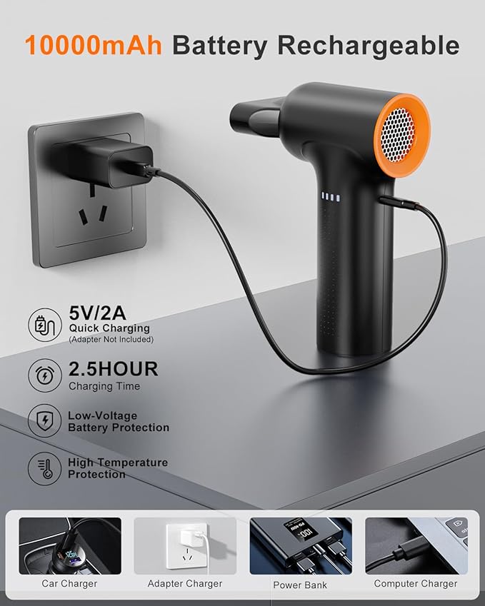 Compressed Air Duster - High Speed 300000RPM Electric Air Duster,120M/S 3 Gear 10000mAh Rechargeable Cordless Air Blower Turbo Fan, Jet Dry Blower for PC Computers Car Electronics