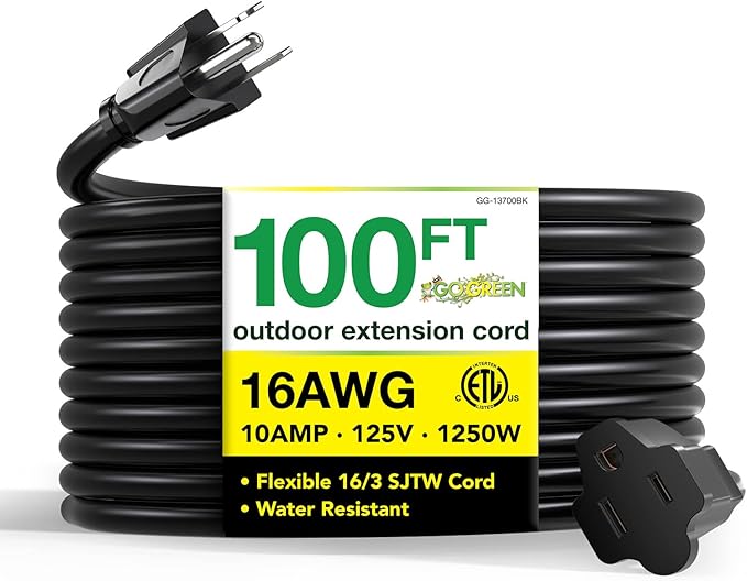 Go Green Power Inc. 16/3 100ft Black Outdoor Extension Cord - Heavy Duty, Moisture Resistant - Perfect for Tools & Equipment - GG-13700BK