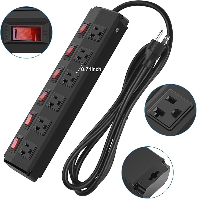 CCCEI Metal Power Strip Individual Switches 6 Outlets, Heavy Duty Power Strip 20Amp Surge Protector for Appliances, 6FT Extension Cord Strip, 1200J Surge Protector 20A 125V 2500W.