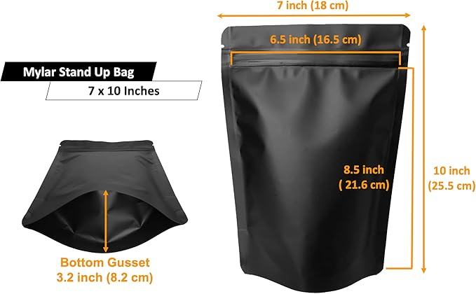 50 Pack Matte Black Stand Up Bags – 5 Mil 7x10 Inches Smell Proof Resealable Bags, Heat Sealable Plastic Foil Packaging Pouch Bag, Large Food Storage Pouches