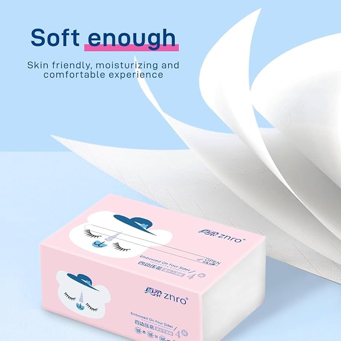 1200 Pulls ZNRO Powder Free Lint Free Paper Facial Tissues Super Soft 4-Ply 6.1"x6.9",Hypoallergenic Skin Friendly,Made of Virgin Wood Pulp,4-Side Art Pattern Embossed,Compact Pink Plastic Packaging