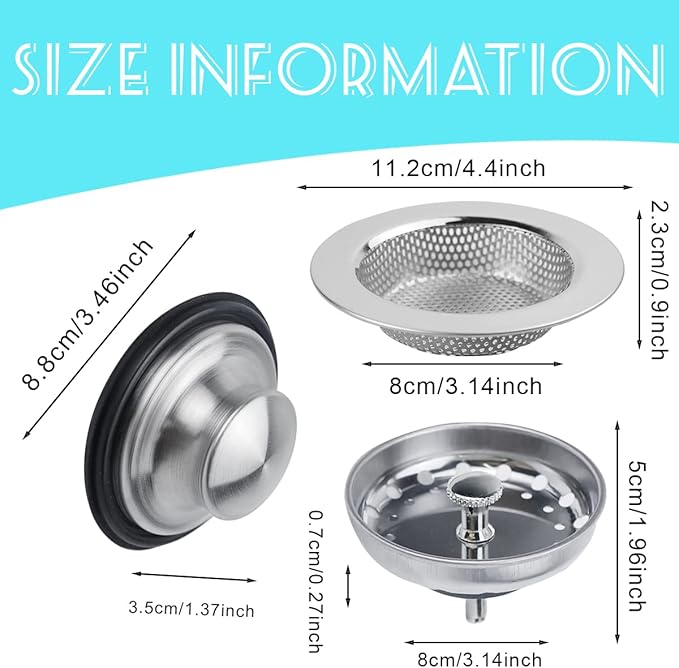 3 Pieces Kitchen Sink Stopper Strainer, 3 in 1 Kitchen Sink Basket Strainer, Universal Anti-Clogging Stainless Steel Sink Disposal Stopper, Perforated Basket Drain Filter Sieve