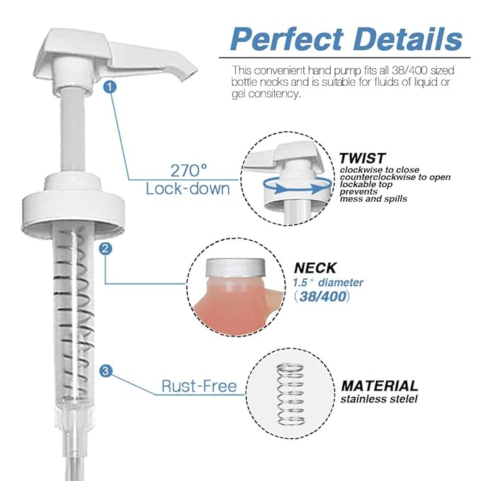 AMORIX 12PCS Gallon Jug Pump Dispenser Replacement White Lotion Dispensing Pump Top 38/400 Fits 1 Gallon Jugs for 64oz 128oz Containers Hand Sanitizer Shampoo Bottles, Plus Funnel