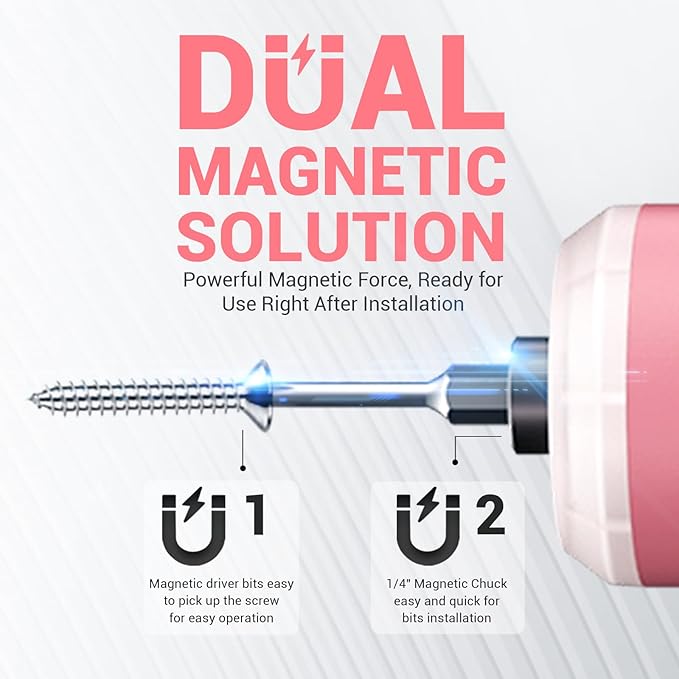 DCA 4V Electric Screwdriver Set, 5 N.m with 2000 mAh Li-ion Battery, 1/4" Magnetic Hex Chuck, USB-C Charging Cable, 18 Driver Bits for Furniture Repairs, Pink