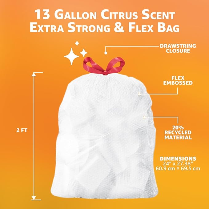 Amazon Basics Extra Strong & Flex Tall Kitchen Drawstring Trash Bags, Citrus Scent, 13 Gallon, 40 Count