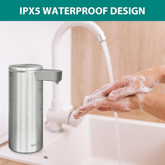 Automatic Soap Dispenser Stainless Steel with Sensor Infrared Soap Dispenser Electric IPX5 Waterproof USB-C Charging Motion Sensor for Kitchen & Bathroom (Silver)