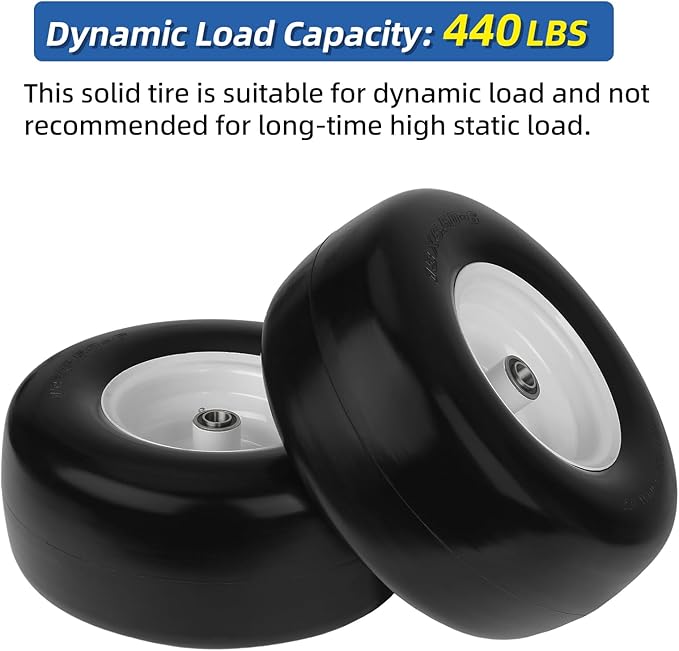 13x6.50-6 Flat Free Lawn Mower Tire and Wheel, Solid Smooth Zero Turn Mower Front Tire Assembly, with 3/4" & 5/8" Bearing, 4"-6.5" Centered Hub, Compatible with Lawnmower Garden Tractor, 2 Pack