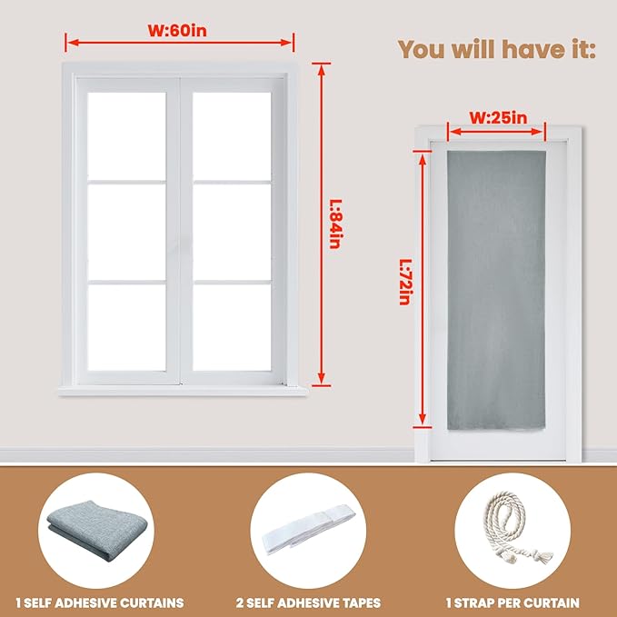 100% Blackout French Door Curtain,Adhesive, No Drilling Required,Small Curtains Designed for Installation On Doors (Light Gray - W25 × L72 in)