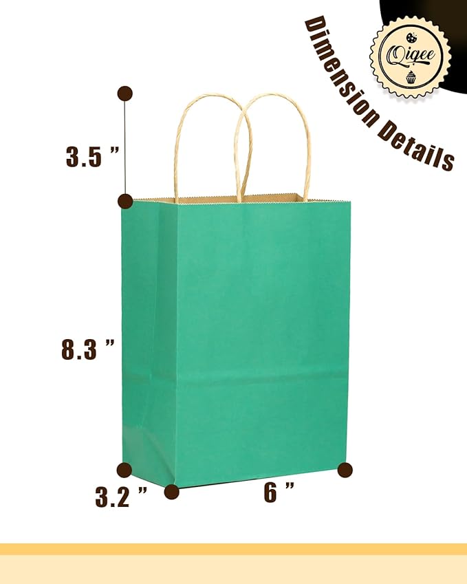 qiqee 32-Packs Mint Green Paper Gift Bags with Handles Bulk 8.26"×6"×3.15" Small Size Gift Bags Multiple Uses
