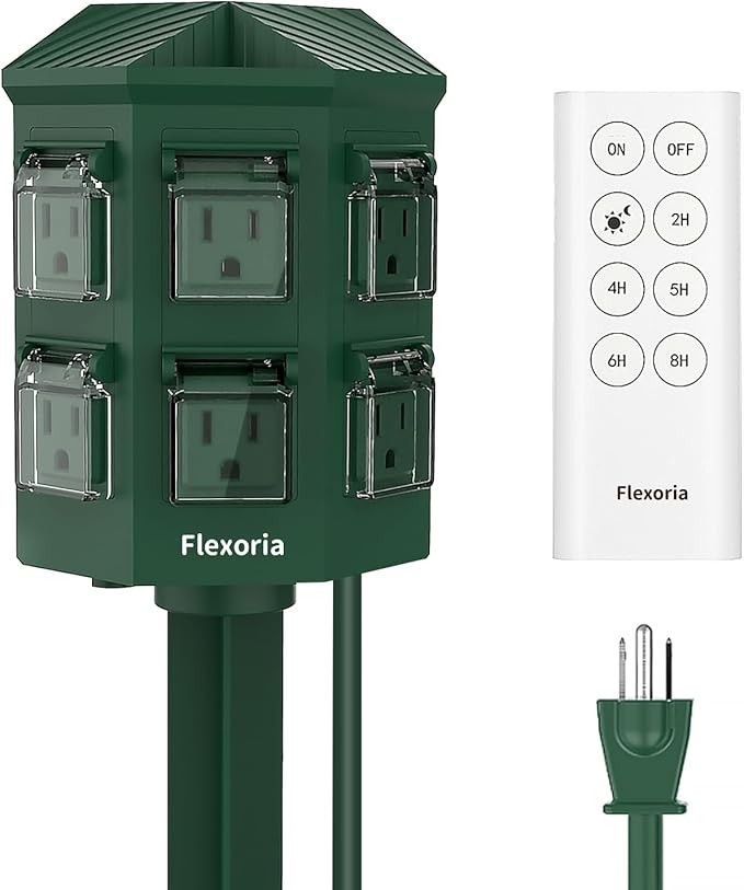 Outdoor Power Stake Timer, Remote Control Dusk to Dawn Light Timer, 6FT Extension Cord Waterproof, 6 Grounded Outlets for Outdoor Christmas Decorations, ETL Listed (6 FT)