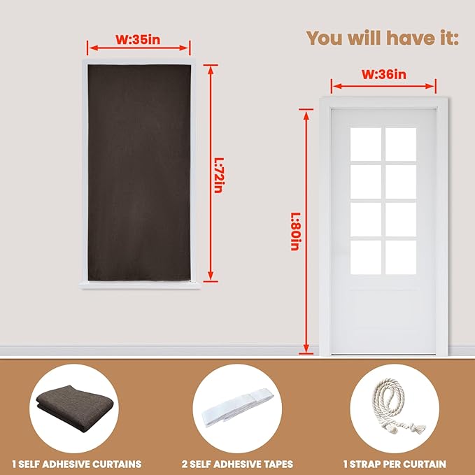 JILROIN Self Adhesive Curtains,100% Blackout Window Cover,No Drilling,Easy to Install,Provides Privacy Protection for Bedrooms (Dark Coffee - W35 × L72 in)