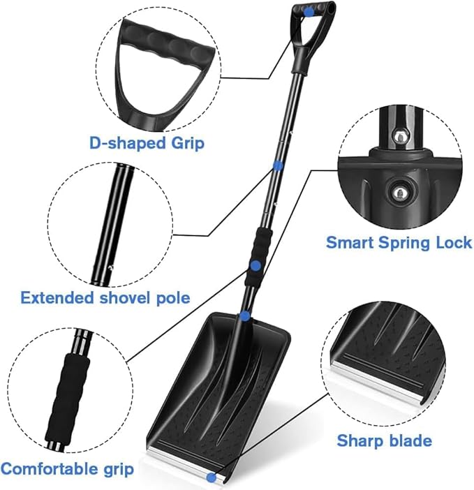 Snow Shovel, Upgrade Emergency Snow Shovel for Driveway with Aluminum Handle Large Capacity Lightweight and Adjustable Portable Survival Shovel for Home, Garden, Camping, Mud and Snowman(Black)