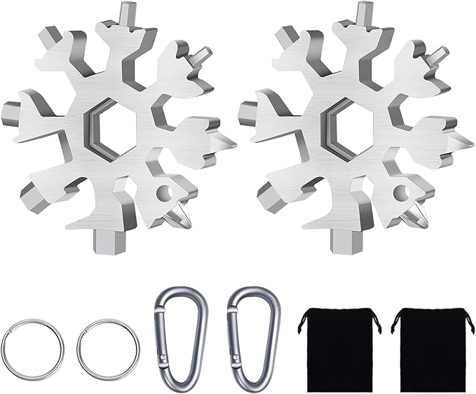 FZENeast Snowflake Multitool, 2 Piece 18-in-1 Stainless Steel Snowflake Standard Multitool, Snowflake Wrench with Key Ring, Carabiner Clip and Gift Bag (Silver)