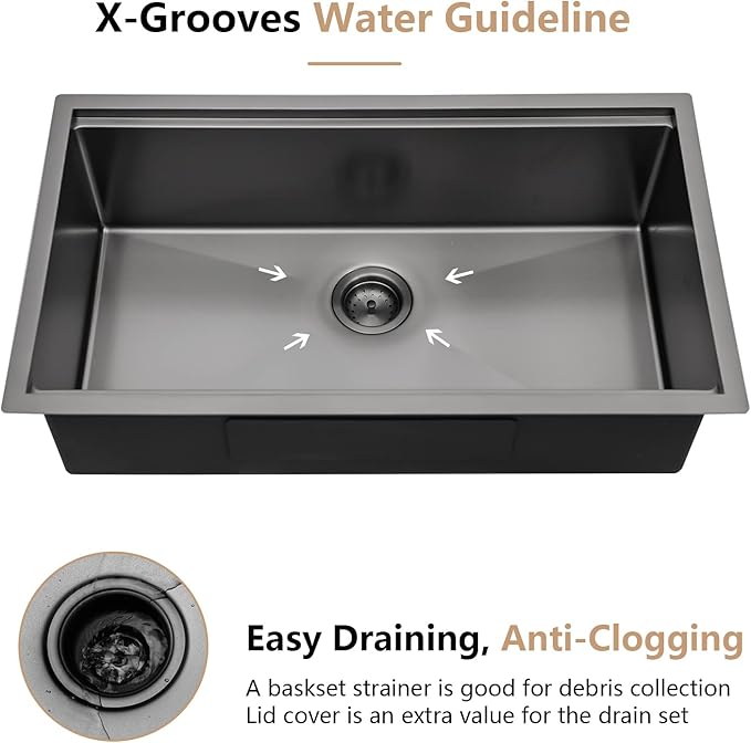 Dcolora 33" Black Undermount Kitchen Sink Workstation NANO-PVD Kitchen Sinks with Ledge Round Corner 16 Gauge Stainless Steel Single Bowl Basin, Gunmetal Black 33"x19’x10", DC-U7706