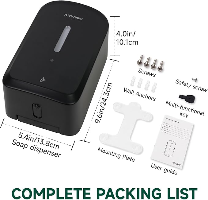 Commercial Automatic Soap Dispenser Large 34oz/1000ml Capacity Wall-Mounted Touchless Liquid Dispenser for High-Traffic Restrooms, Offices, Hospitals Model 1220S Black