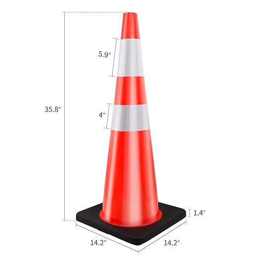 RELIANCER 8PCS 36" Traffic Cones PVC Safety Road Parking Cones with Black Weighted Base w/6"&4" Reflective Collars Fluorescent Orange Hazard Cones Construction Cones for Traffic or Home Improvement