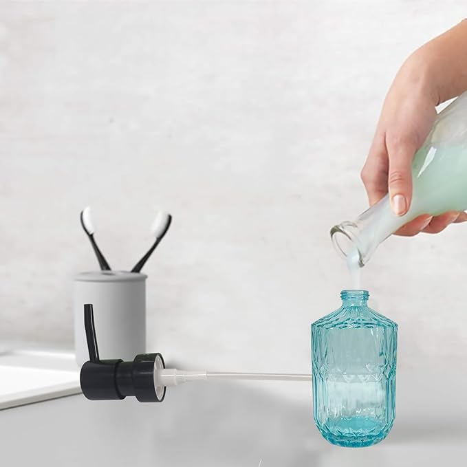 Blue Glass Soap Dispenser with Black Pump, 15oz Liquid Hand Dispenser, Refillable Lotion Dish Soap Dispenser for Modern Home Decor, Bathroom, Kitchen Countertop, Hotel