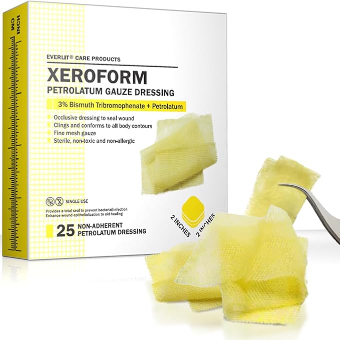 EVERLIT Xeroform Petrolatum Dressing | Sterile, Non-Adherent Occlusive Fine Mesh Gauze Pad | Non-Toxic, Gentle Patch for Burns, Laceration, Surgical Incisions & Skin Grafts (2" x 2" | Pack of 25)
