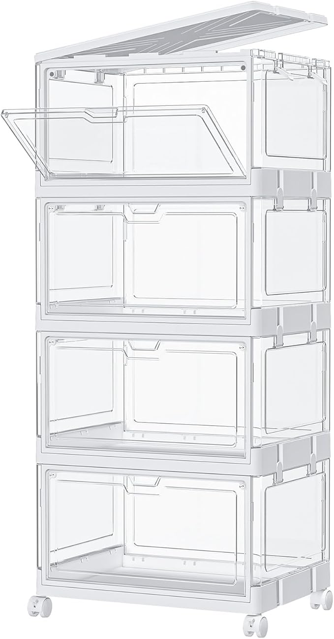 SNSLXH Clear Storage Bins with Lids & Wheels, Stackable Plastic Craft Containers, Large Closet Organizers Box for Bedrooms Living Rooms 24 QT, 4-Tiers