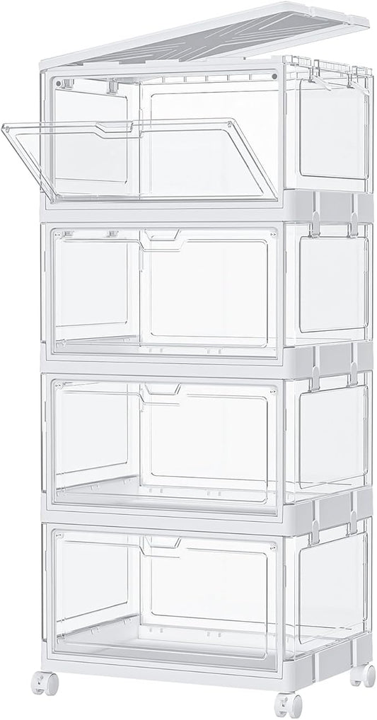 SNSLXH Clear Storage Bins with Lids & Wheels, Stackable Plastic Craft Containers, Large Closet Organizers Box for Bedrooms Living Rooms 24 QT, 4-Tiers