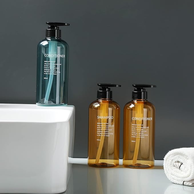 3 Pack Shampoo Bottle Pump Dispenser, 500ml Empty Plastic Soap Dispenser Bottle with Pump for Bathroom, Kitchen or Hotel, Refillable Dispenser for Lotion, Shower Gel and Conditioner (Amber-FBM)