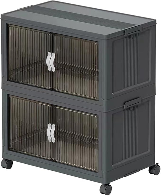 Collapsible Storage Bins with Lids Black Stackable Plastic Organizers for Clothes, Decor, Craft Supplies & Home Storage (2 racks, 17 Gal/rack)