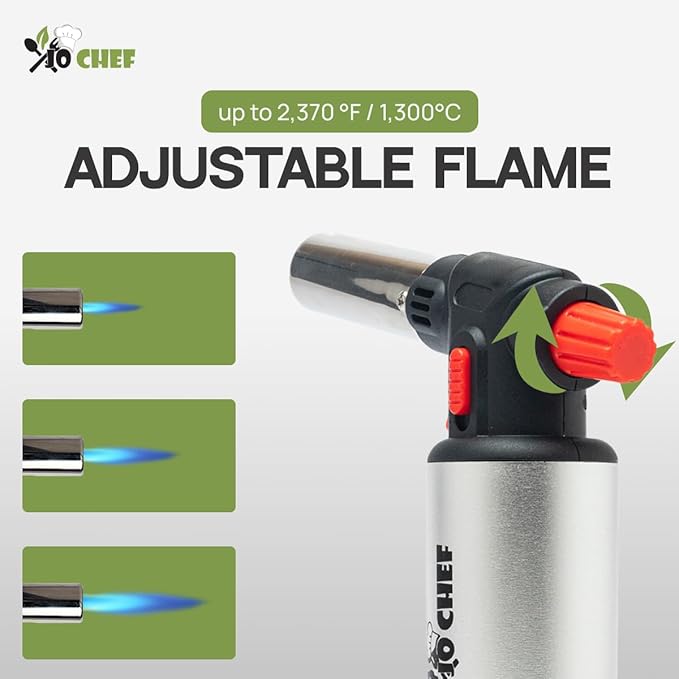 Jo Chef Butane Torch Lighter, Cooking Torch - Refillable Adjustable Flame Lighter with Safety Lock for BBQ, Baking, Brulee Creme, DIY + FREE Recipe eBook (Butane Not Included)
