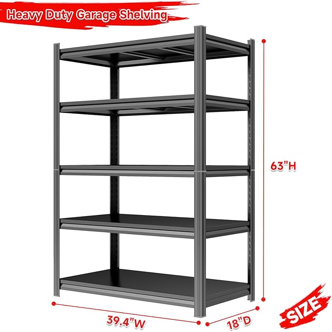 Metal Garage Shelving Heavy Duty, 5 Tier Shelving Unit Storage Shelves 2500LBS, Shelf Organizer Storage, Adjustable Metal Shelf for Industrial, Basement, Pantry and Warehouse, Black