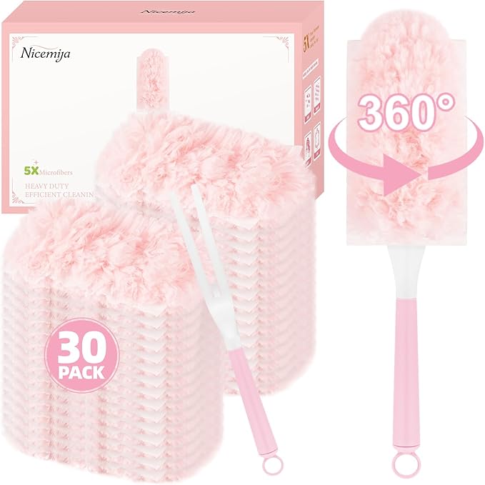 30 Count Pink Duster Refills Compatible with Swiffer Handle, 360° Multi-Surface Duster Refills with 1 Handle, 5X Microfibers Disposable Dusters for Home, Office Cleaning