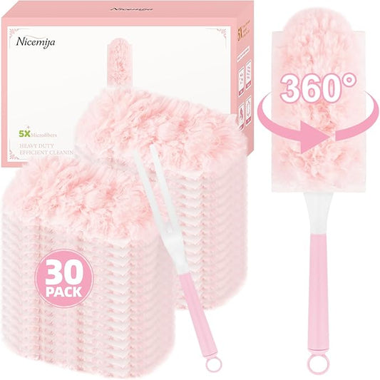 30 Count Pink Duster Refills Compatible with Swiffer Handle, 360° Multi-Surface Duster Refills with 1 Handle, 5X Microfibers Disposable Dusters for Home, Office Cleaning