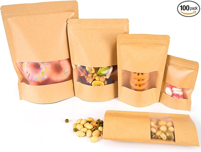 100 Pcs Paper Bags with Window, 3.9" x 6" Stand Up Pouches Bags, Food Storage Bags for Packaging Products, Reusable, Sealable