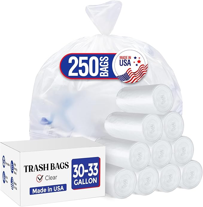 Delxo 30-33 Gallon Clear Trash Bags, 250 Count – Medium Duty Garbage Bags, Thick, Durable & Puncture-Resistant Plastic, Perforated Design– Made in USA for Kitchen, Yard, Office & Party
