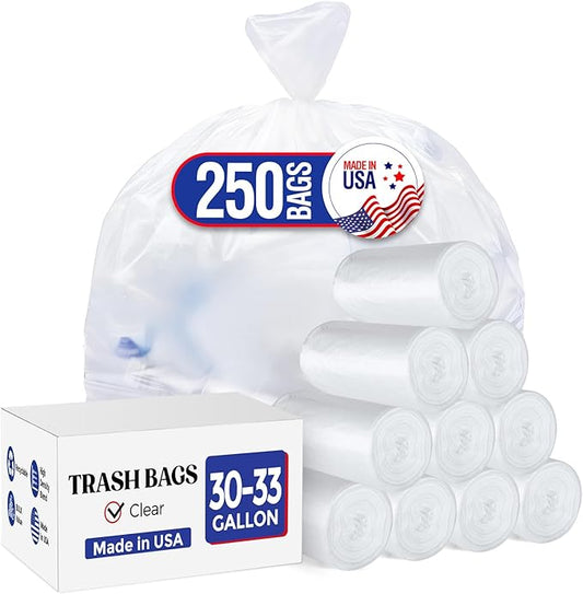 Delxo 30-33 Gallon Clear Trash Bags, 250 Count – Medium Duty Garbage Bags, Thick, Durable & Puncture-Resistant Plastic, Perforated Design– Made in USA for Kitchen, Yard, Office & Party
