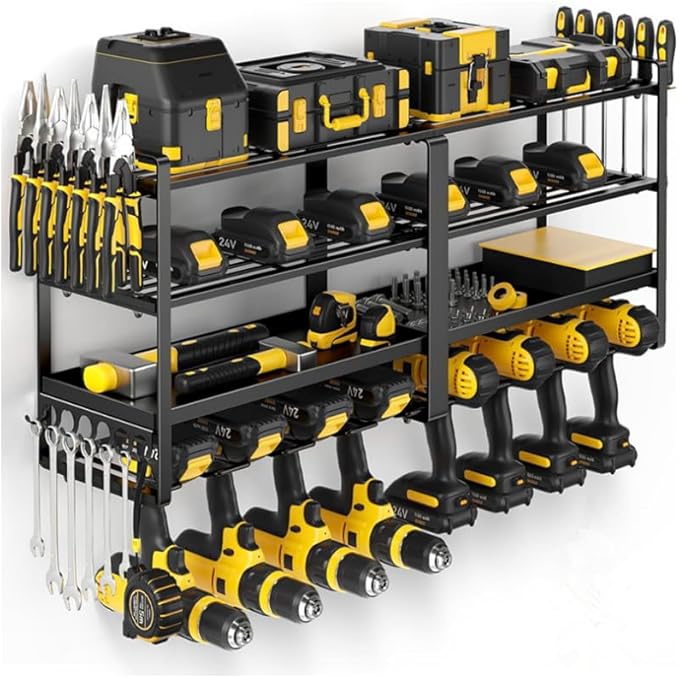 Garage Power Tool Storage System, Wall Mounted Power Tool Storage Organizer, Heavy Duty Power Tool Organizer, Power Tool Rack. Load capacity is 150 lbs, black rust resistant with 8 hooks.